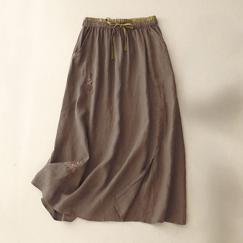 Buddha Stones Vintage Solid Embroidery Drawstring Women's Skirt With Pockets - SaddleBrown - US8-10,UK/AU12-14,EU40-42 (2XL) - image 14