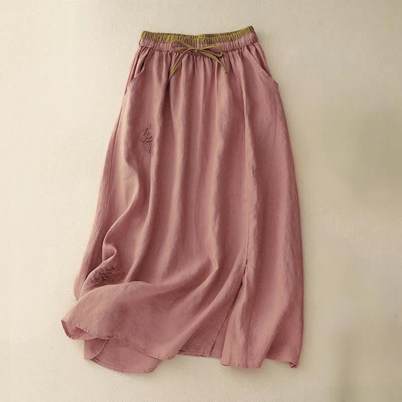 Buddha Stones Vintage Solid Embroidery Drawstring Women's Skirt With Pockets - Coral - US8-10,UK/AU12-14,EU40-42 (2XL) - image 18