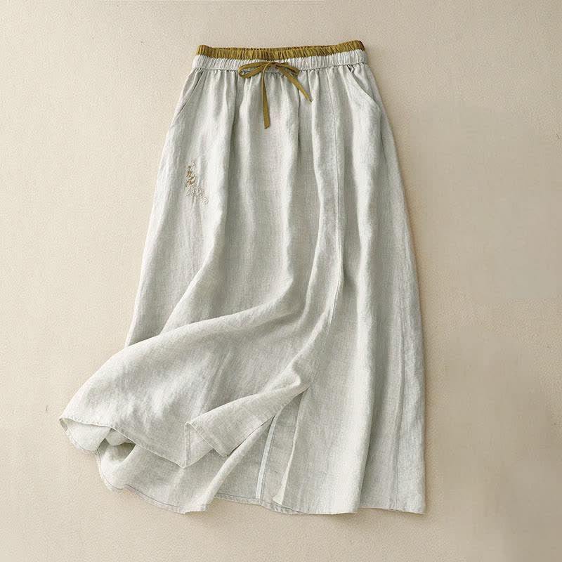 Buddha Stones Vintage Solid Embroidery Drawstring Women's Skirt With Pockets - Beige - US8-10,UK/AU12-14,EU40-42 (2XL) - image 6