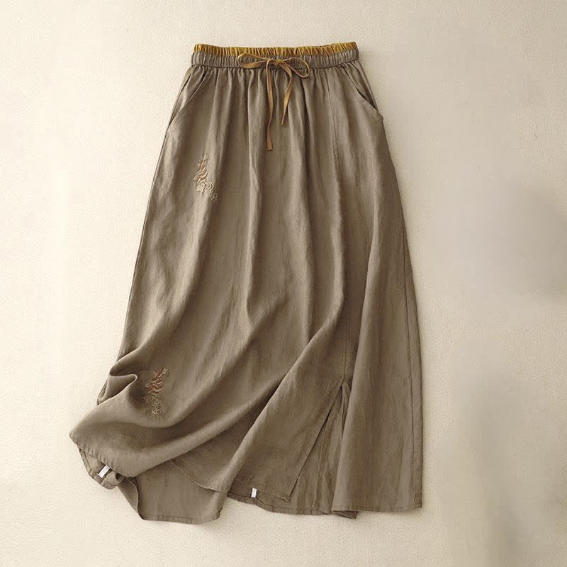 Buddha Stones Vintage Solid Embroidery Drawstring Women's Skirt With Pockets - Olive - US8-10,UK/AU12-14,EU40-42 (2XL) - image 0