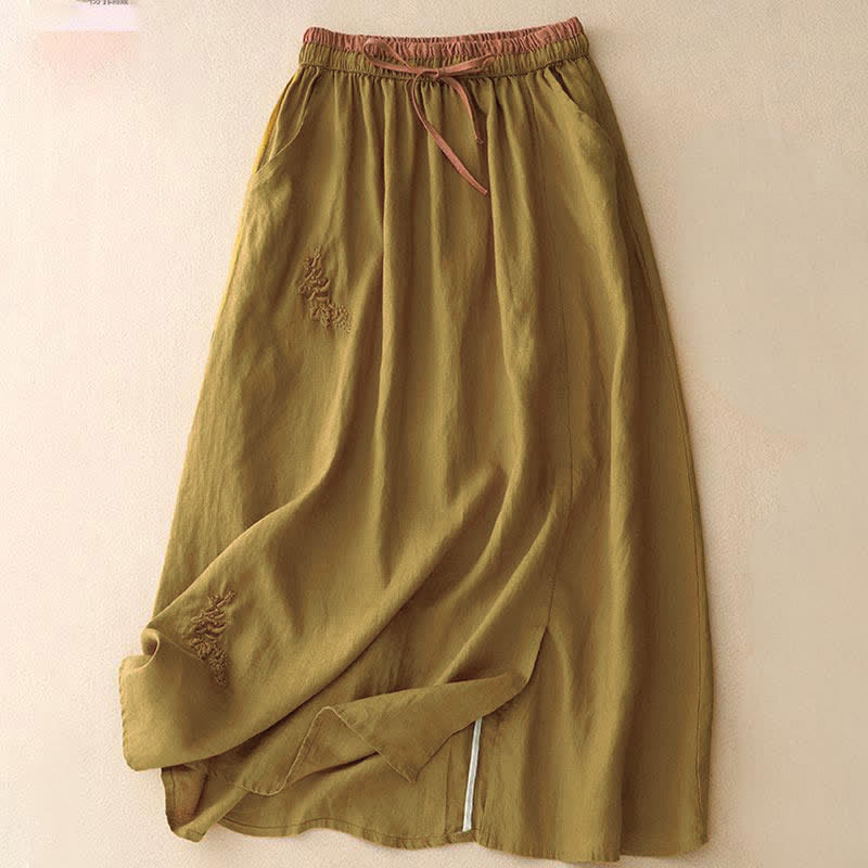 Buddha Stones Vintage Solid Embroidery Drawstring Women's Skirt With Pockets - Goldenrod - US8-10,UK/AU12-14,EU40-42 (2XL) - image 24