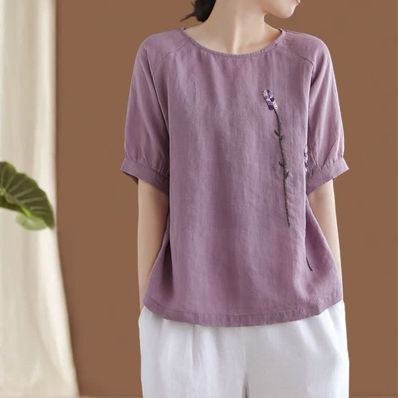 Buddha Stones Summer Vintage Embroidered Flower Pattern Women's Crew Neck Design T-Shirt - MediumOrchid - US8-10,UK/AU12-14,EU40-42 (2XL) - image 0