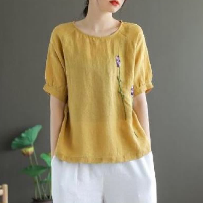 Buddha Stones Summer Vintage Embroidered Flower Pattern Women's Crew Neck Design T-Shirt - Khaki - US8-10,UK/AU12-14,EU40-42 (2XL) - image 5