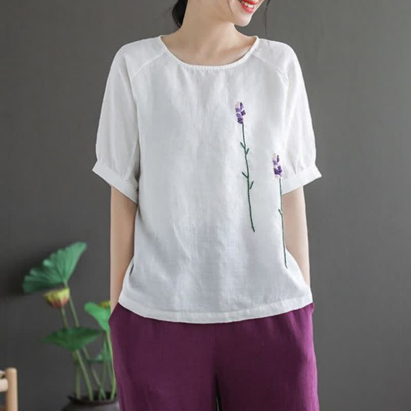 Buddha Stones Summer Vintage Embroidered Flower Pattern Women's Crew Neck Design T-Shirt - White - US8-10,UK/AU12-14,EU40-42 (2XL) - image 11