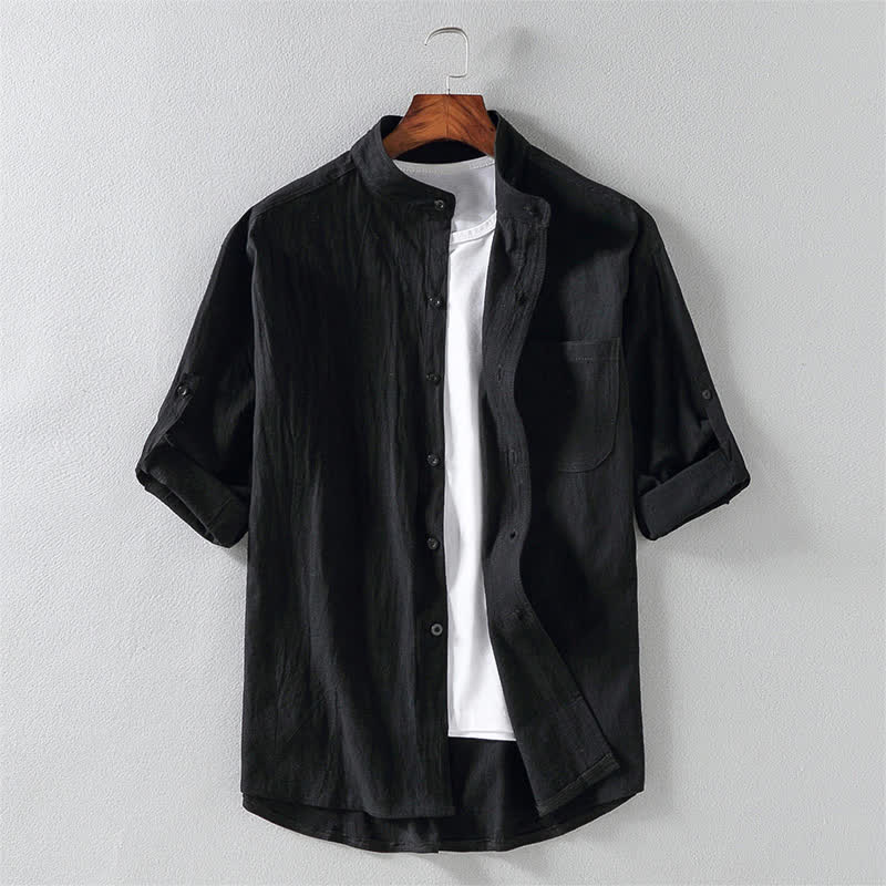 Buddha Stones Summer Solid Men's Buttons Half Sleeve Shirt - Black - US/UK/AU46,EU56 (5XL) - image 0