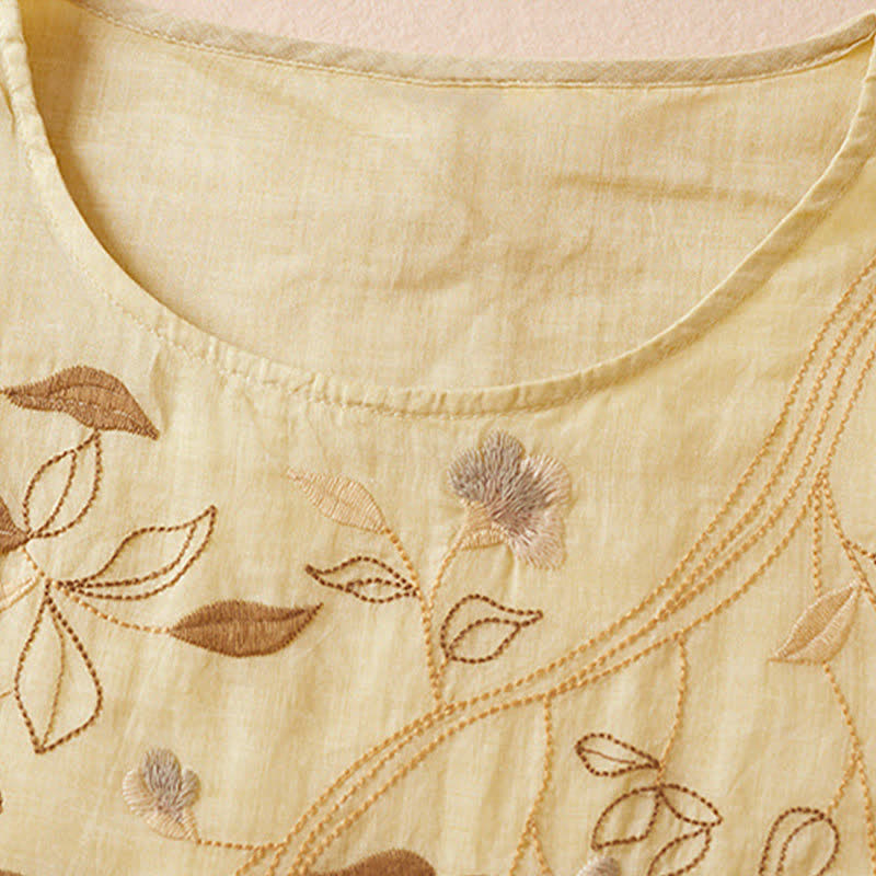 Buddha Stones Embroidered Leaf Crew Neck Half Sleeve Fiber Midi Dress - image 3
