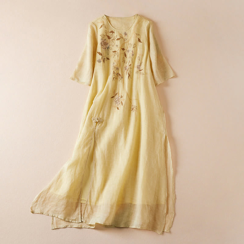 Buddha Stones Embroidered Leaf Crew Neck Half Sleeve Fiber Midi Dress - Khaki - US8-10,UK/AU12-14,EU40-42 (2XL) - image 0