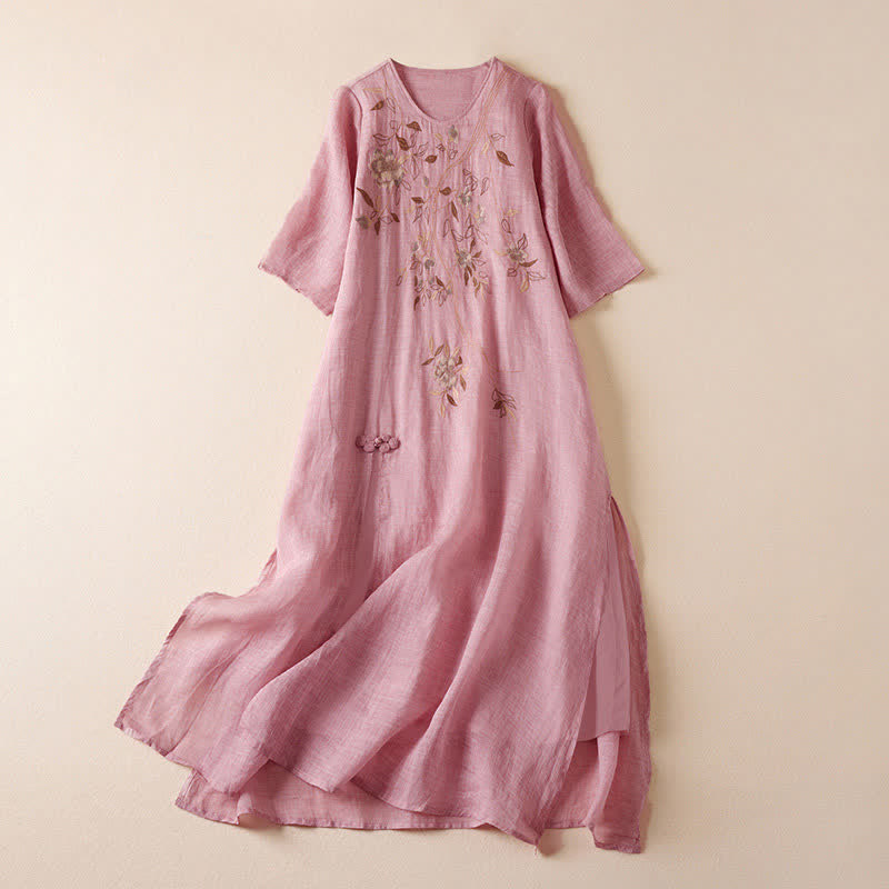 Buddha Stones Embroidered Leaf Crew Neck Half Sleeve Fiber Midi Dress - Pink - US8-10,UK/AU12-14,EU40-42 (2XL) - image 14