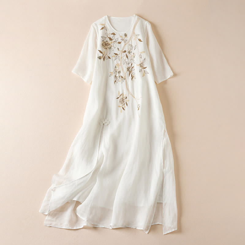 Buddha Stones Embroidered Leaf Crew Neck Half Sleeve Fiber Midi Dress - Snow - US8-10,UK/AU12-14,EU40-42 (2XL) - image 7