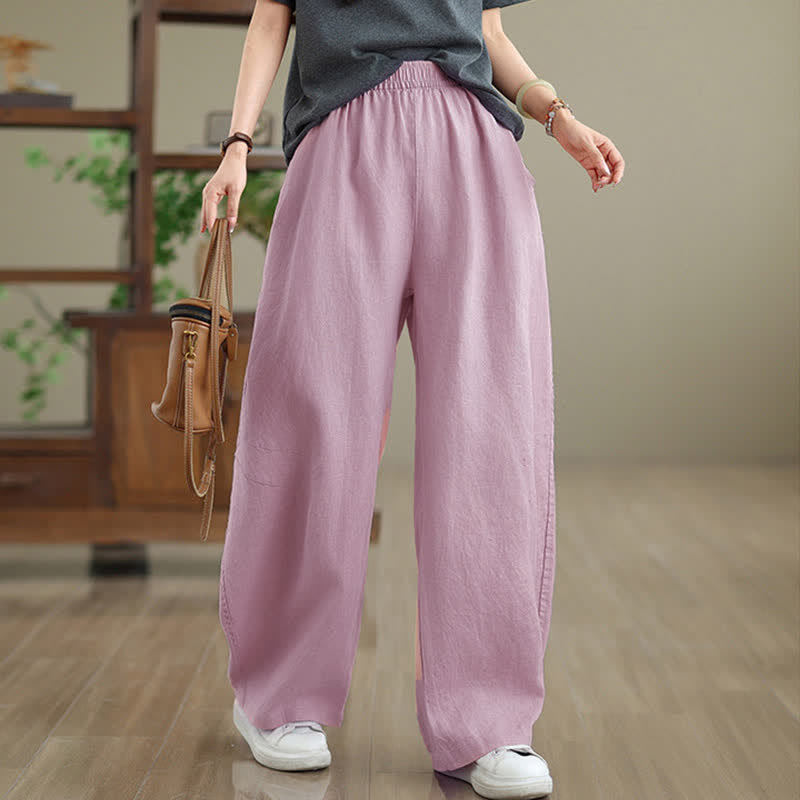 Buddha Stones Casual Plain Cotton Women's Wide Leg Pants With Pockets - Pink - US12,UK/AU16,EU44 (3XL) - image 6