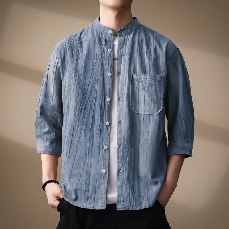 Buddha Stones Spring Summer Casual Mandarin Collar Solid Cotton Men's Long Sleeve Shirts With Patch Pocket - LightBlue - US/UK/AU44,EU54 (4XL) - image 8