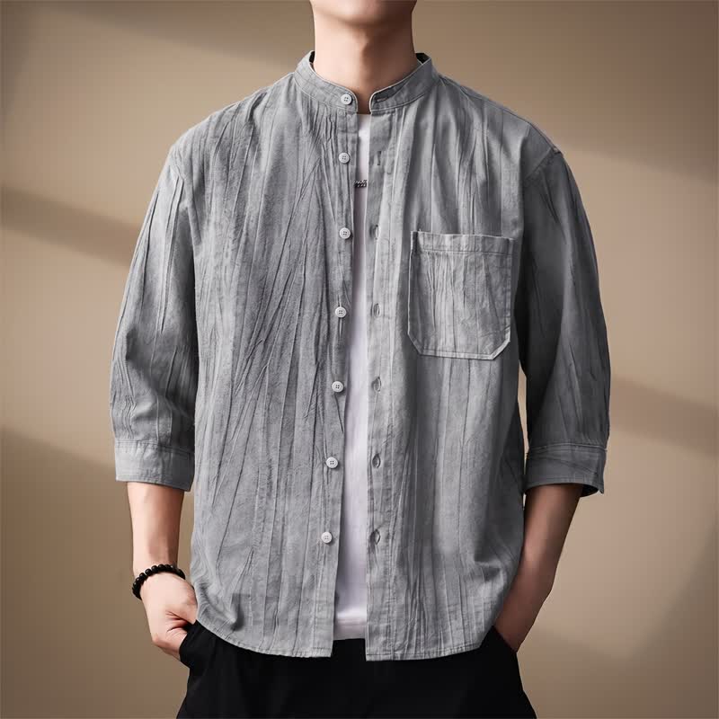 Buddha Stones Spring Summer Casual Mandarin Collar Solid Cotton Men's Long Sleeve Shirts With Patch Pocket - Gray - US/UK/AU44,EU54 (4XL) - image 9