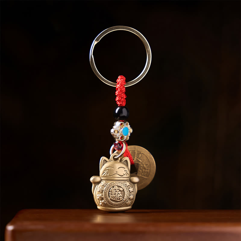 Buddha Stones Feng Shui Five Emperor Coins Lucky Cat Money Wealth Keychain - Lucky Cat - image 0