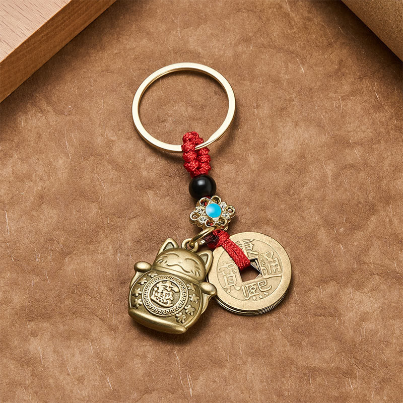 Buddha Stones Feng Shui Five Emperor Coins Lucky Cat Money Wealth Keychain - image 3