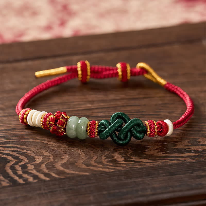 Buddha Stones Handmade Braided Ruyi Peach Blossoms Knot Jade Luck Adjustable Bracelet - 5.9-7.5 in / 15-19cm - image 0