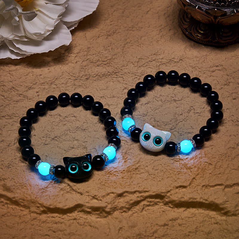 Foviel Black Obsidian Cute Big Eye Cat Protection Beaded Bracelet