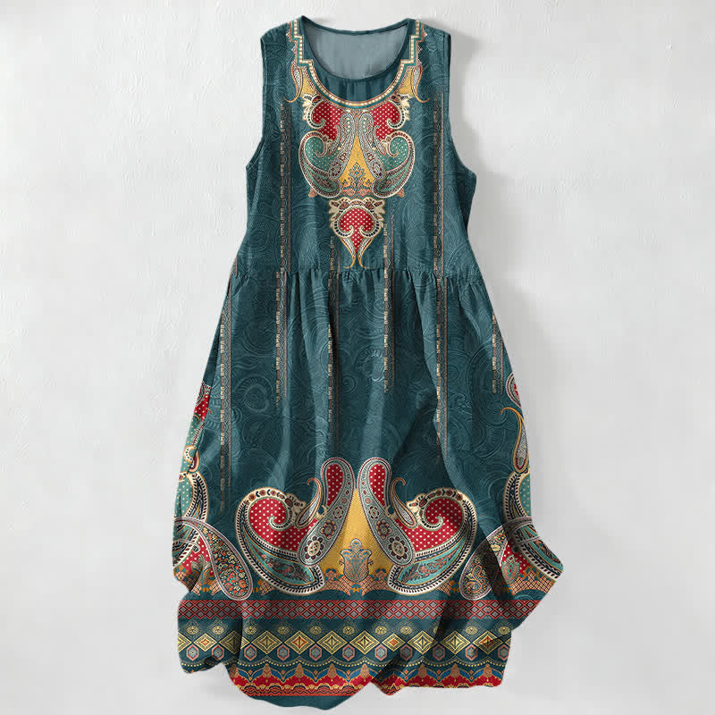 Buddha Stones Summer Casual Persian Paisley Border Pattern Women's Summer Sleeveless Midi Dress With Pockets - Teal - US16,UK/AU20,EU48 (3XL) - image 0