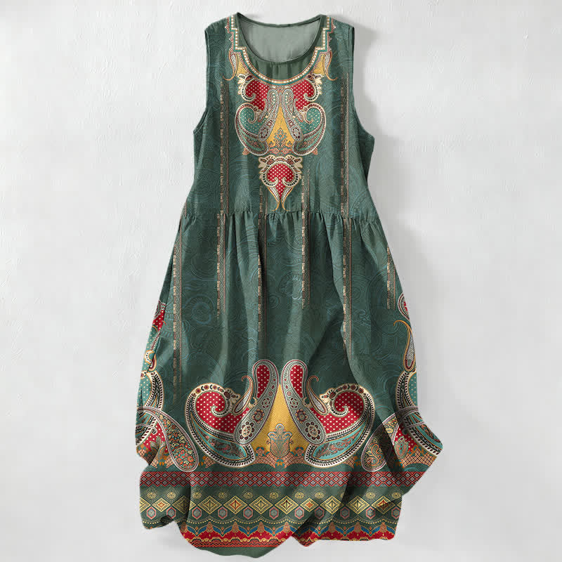 Buddha Stones Summer Casual Persian Paisley Border Pattern Women's Summer Sleeveless Midi Dress With Pockets - ForestGreen - US16,UK/AU20,EU48 (3XL) - image 4