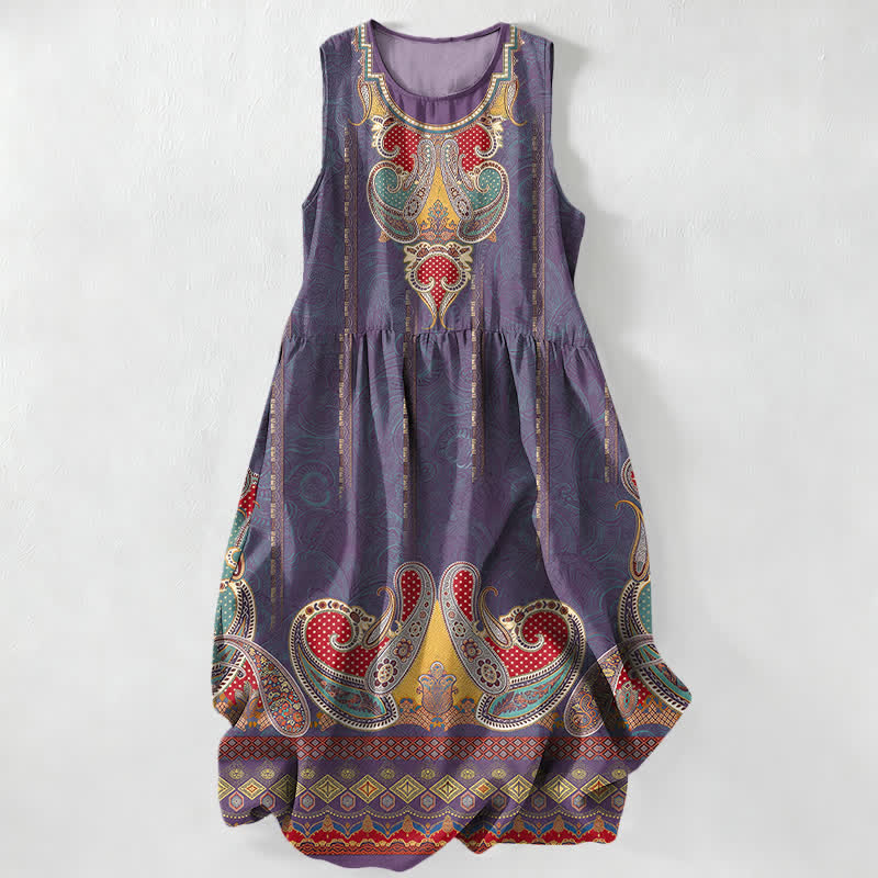 Buddha Stones Summer Casual Persian Paisley Border Pattern Women's Summer Sleeveless Midi Dress With Pockets - SlateBlue - US16,UK/AU20,EU48 (3XL) - image 5