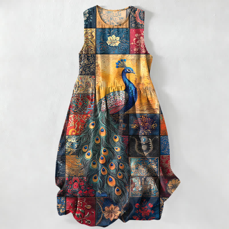 Buddha Stones Summer Casual Peacock Patchwork Pattern Women's Summer Sleeveless Midi Dress With Pockets - SteelBlue - US16,UK/AU20,EU48 (3XL) - image 0
