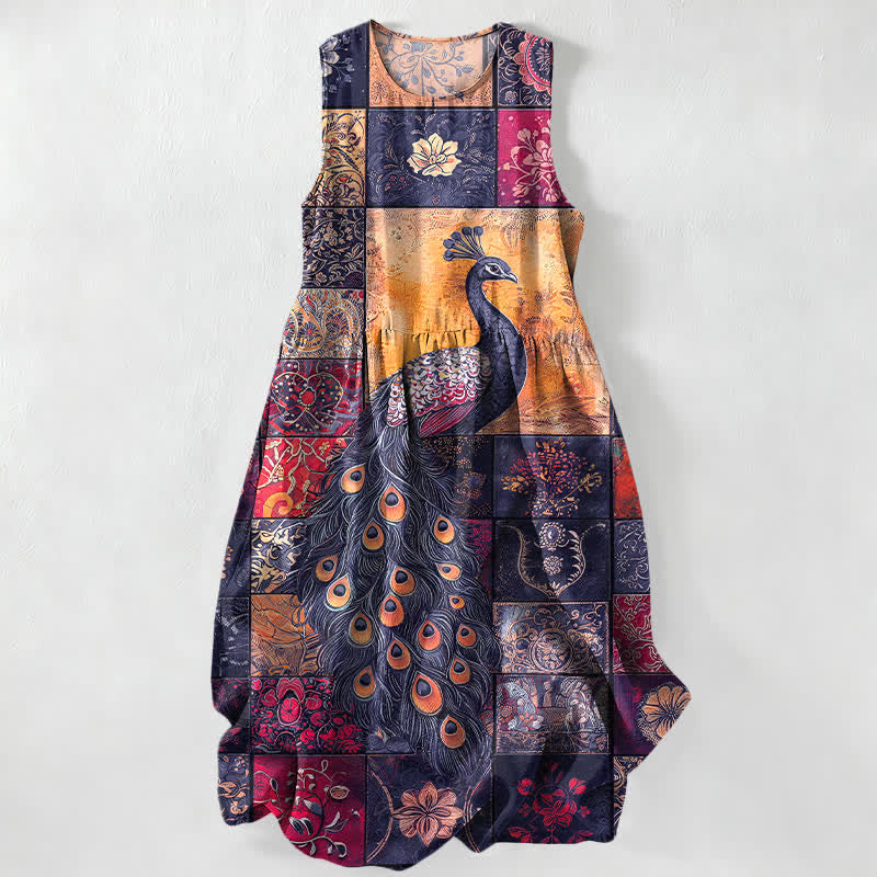 Buddha Stones Summer Casual Peacock Patchwork Pattern Women's Summer Sleeveless Midi Dress With Pockets - Indigo - US16,UK/AU20,EU48 (3XL) - image 4