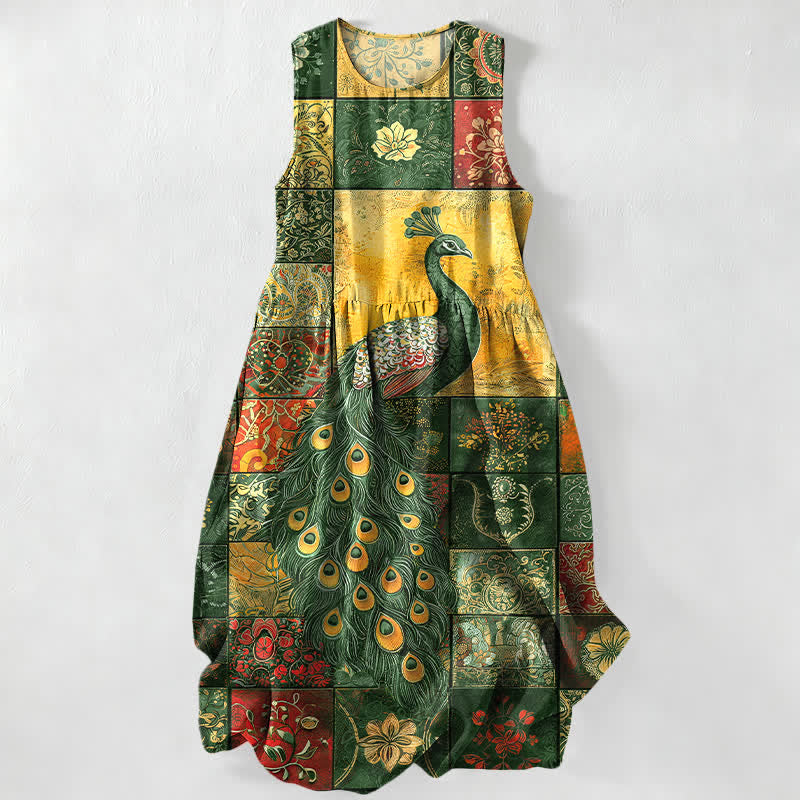 Buddha Stones Summer Casual Peacock Patchwork Pattern Women's Summer Sleeveless Midi Dress With Pockets - ForestGreen - US16,UK/AU20,EU48 (3XL) - image 5