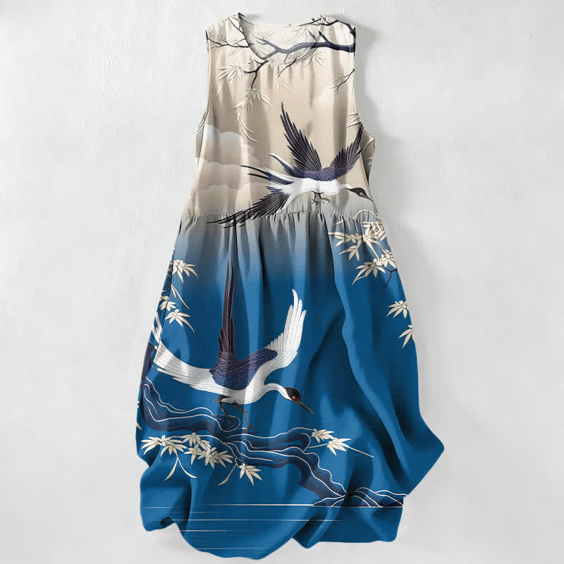 Buddha Stones Summer Casual Crane Bamboo Pattern Women's Summer Sleeveless Midi Dress With Pockets - RoyalBlue - US16,UK/AU20,EU48 (3XL) - image 0