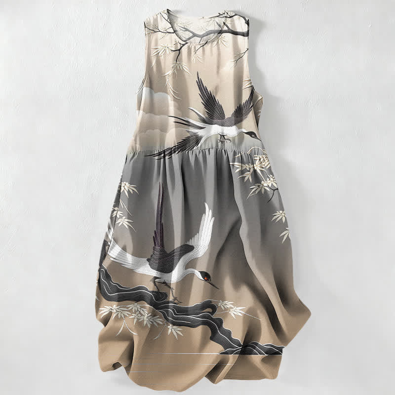 Buddha Stones Summer Casual Crane Bamboo Pattern Women's Summer Sleeveless Midi Dress With Pockets - Tan - US16,UK/AU20,EU48 (3XL) - image 4