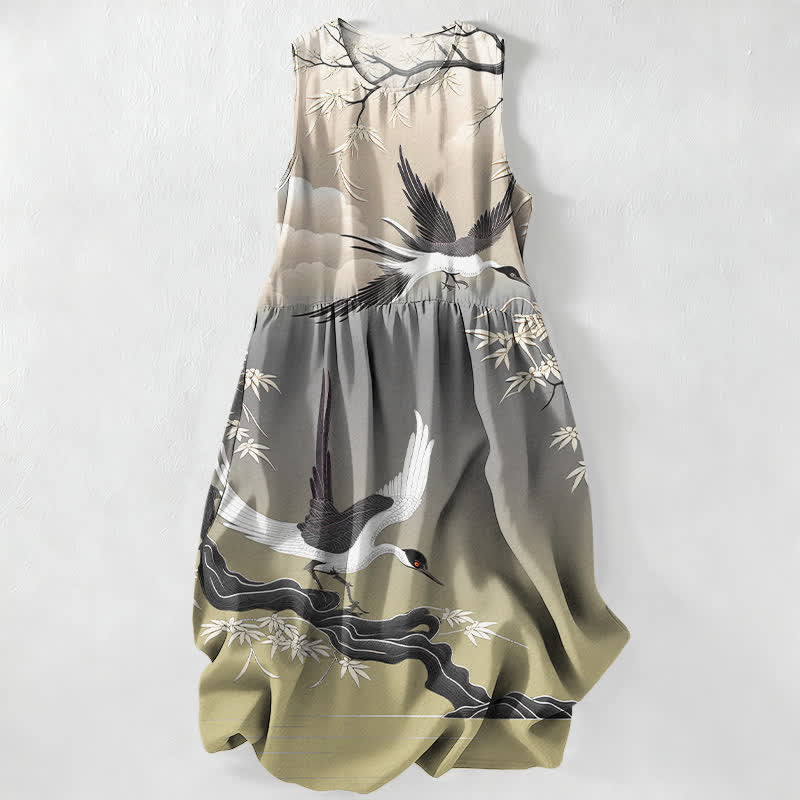 Buddha Stones Summer Casual Crane Bamboo Pattern Women's Summer Sleeveless Midi Dress With Pockets - Olive - US16,UK/AU20,EU48 (3XL) - image 5