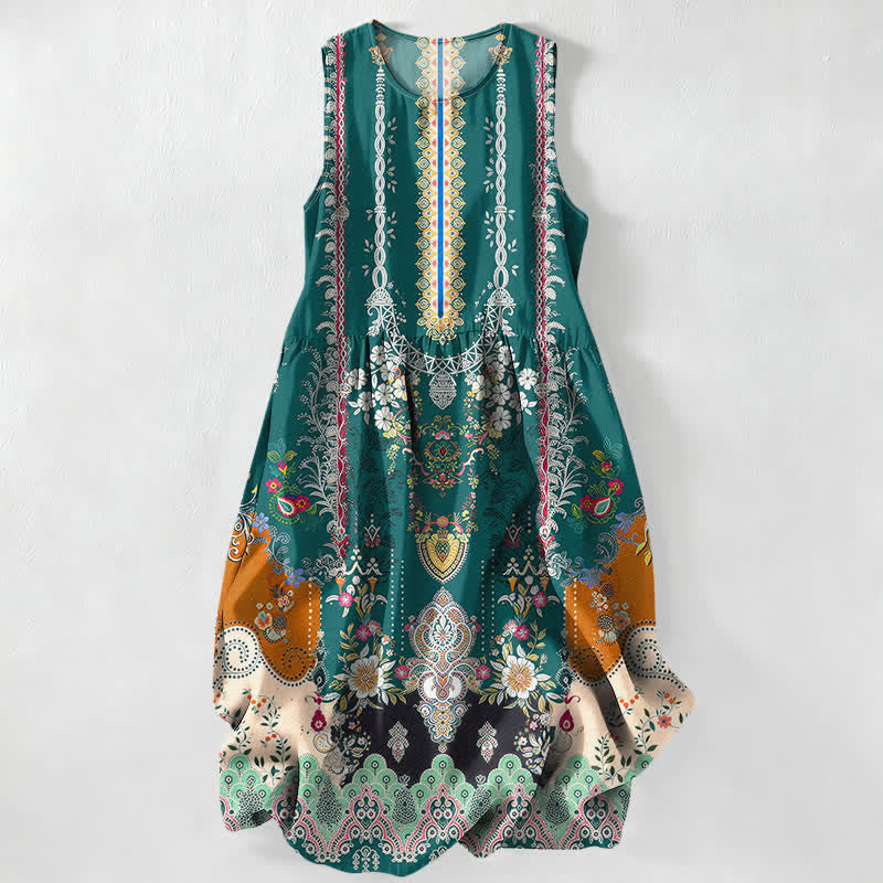 Buddha Stones Summer Casual Vintage Floral Medallions Leaves Pattern Women's Summer Sleeveless Midi Dress With Pockets - Teal - US16,UK/AU20,EU48 (3XL) - image 0