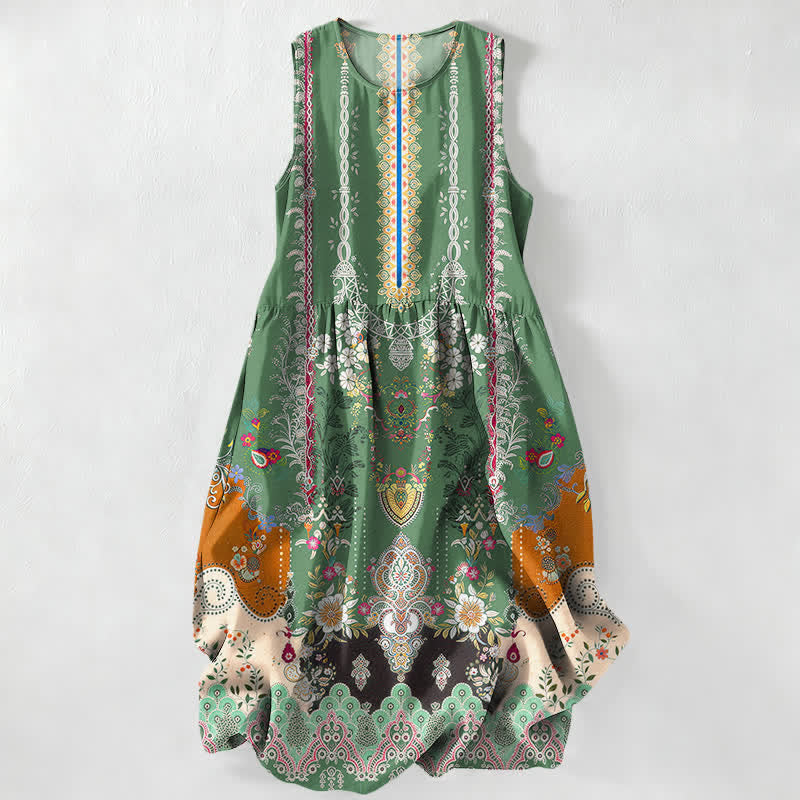 Buddha Stones Summer Casual Vintage Floral Medallions Leaves Pattern Women's Summer Sleeveless Midi Dress With Pockets - ForestGreen - US16,UK/AU20,EU48 (3XL) - image 4