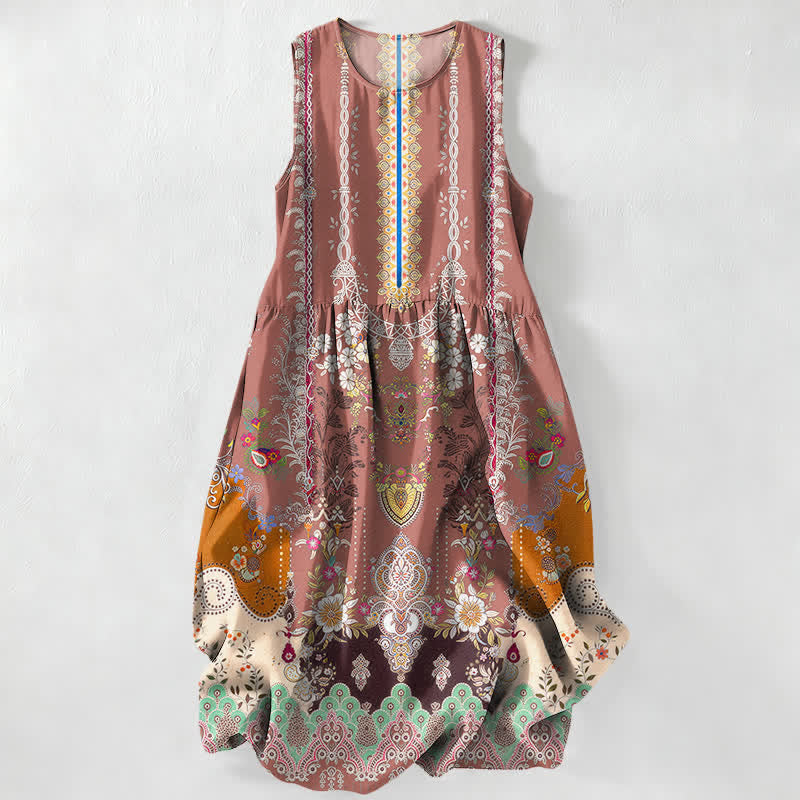 Buddha Stones Summer Casual Vintage Floral Medallions Leaves Pattern Women's Summer Sleeveless Midi Dress With Pockets - LightPink - US16,UK/AU20,EU48 (3XL) - image 5