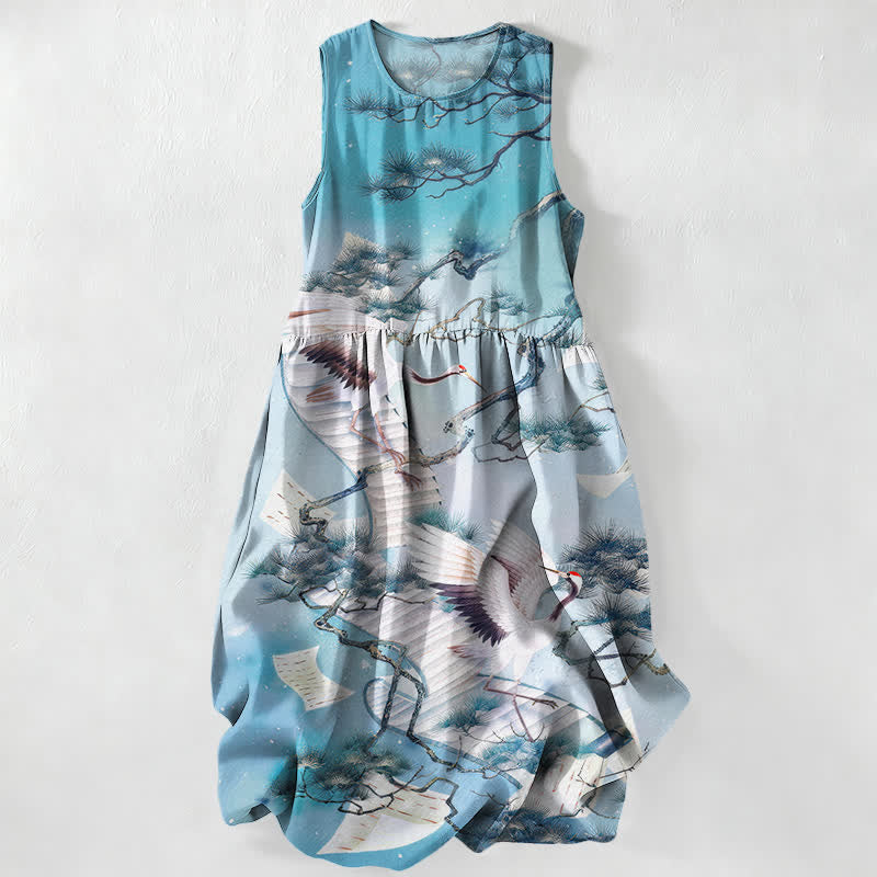 Buddha Stones Summer Casual Ink Wash Crane Pine Pattern Women's Summer Sleeveless Midi Dress With Pockets - PowderBlue - US16,UK/AU20,EU48 (3XL) - image 0