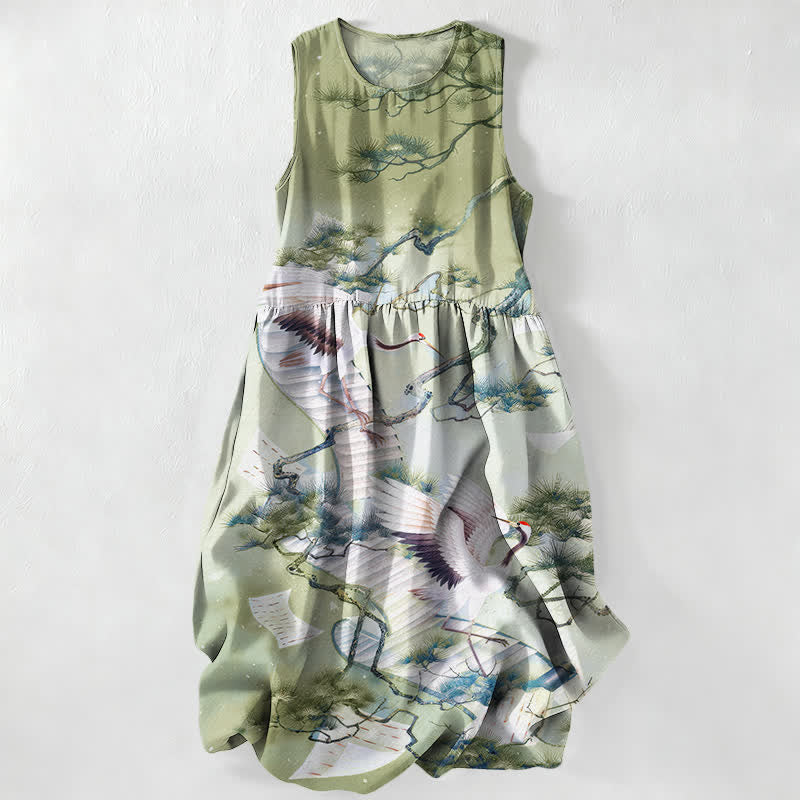 Buddha Stones Summer Casual Ink Wash Crane Pine Pattern Women's Summer Sleeveless Midi Dress With Pockets - PaleGreen - US16,UK/AU20,EU48 (3XL) - image 4