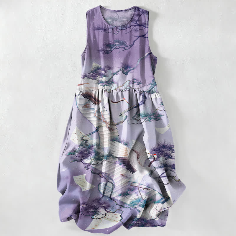 Buddha Stones Summer Casual Ink Wash Crane Pine Pattern Women's Summer Sleeveless Midi Dress With Pockets - Lavender - US16,UK/AU20,EU48 (3XL) - image 5