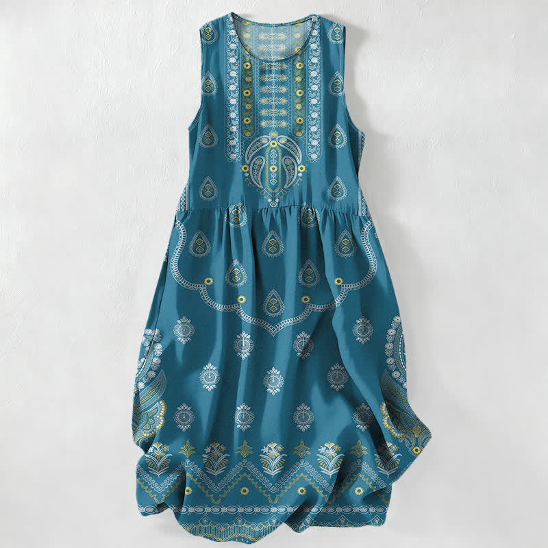 Buddha Stones Summer Casual Boho Paisley Medallion Pattern Women's Summer Sleeveless Midi Dress With Pockets - Teal - US16,UK/AU20,EU48 (3XL) - image 0