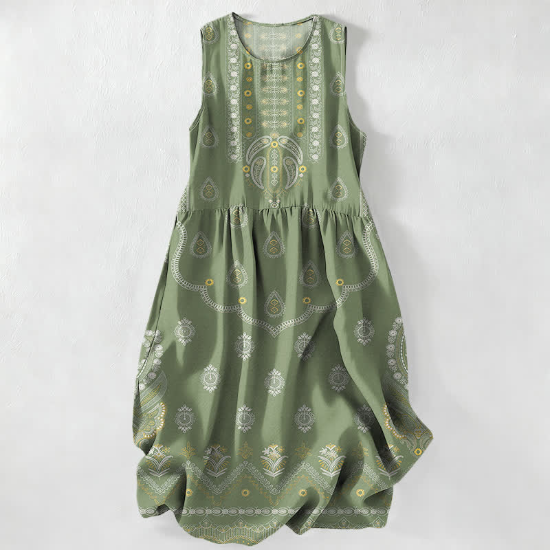 Buddha Stones Summer Casual Boho Paisley Medallion Pattern Women's Summer Sleeveless Midi Dress With Pockets - OliveDrab - US16,UK/AU20,EU48 (3XL) - image 4