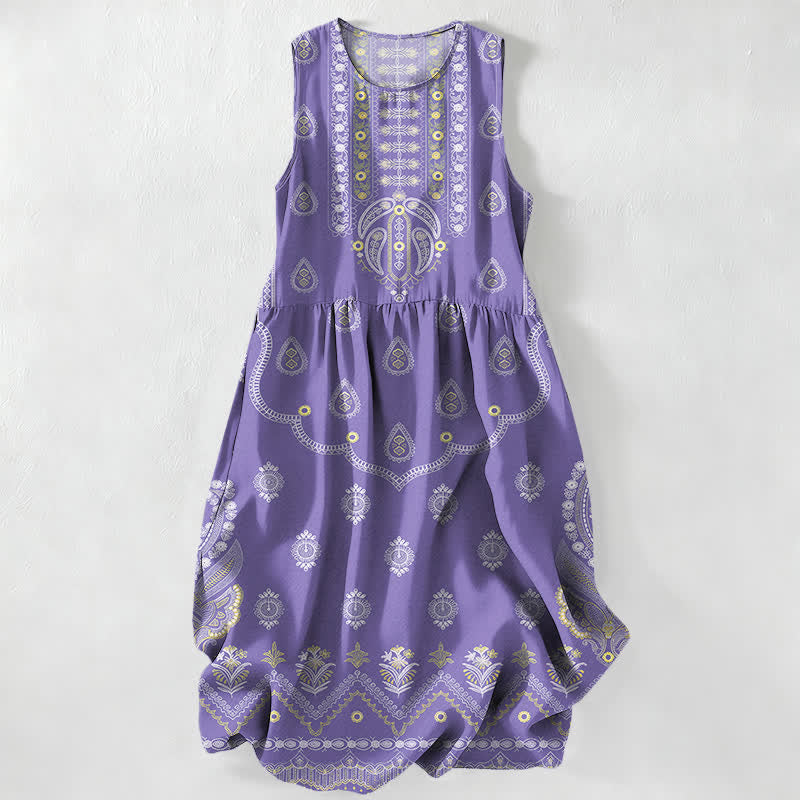 Buddha Stones Summer Casual Boho Paisley Medallion Pattern Women's Summer Sleeveless Midi Dress With Pockets - Lavender - US16,UK/AU20,EU48 (3XL) - image 5