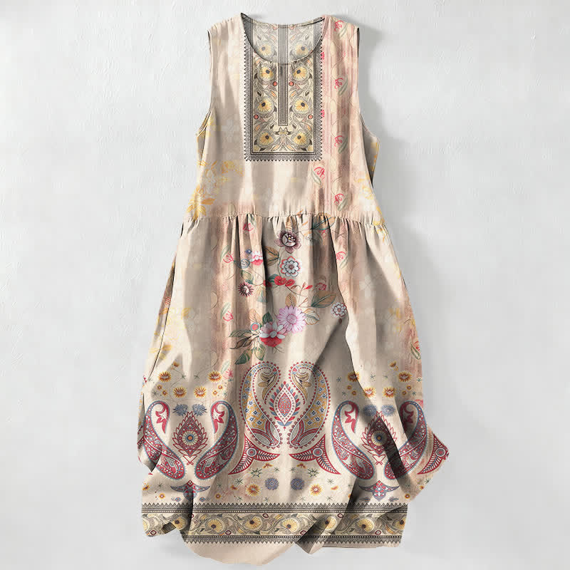 Buddha Stones Summer Casual Vintage Floral Medallions Leaves Pattern Women's Summer Sleeveless Midi Dress With Pockets - OldLace - US16,UK/AU20,EU48 (3XL) - image 0