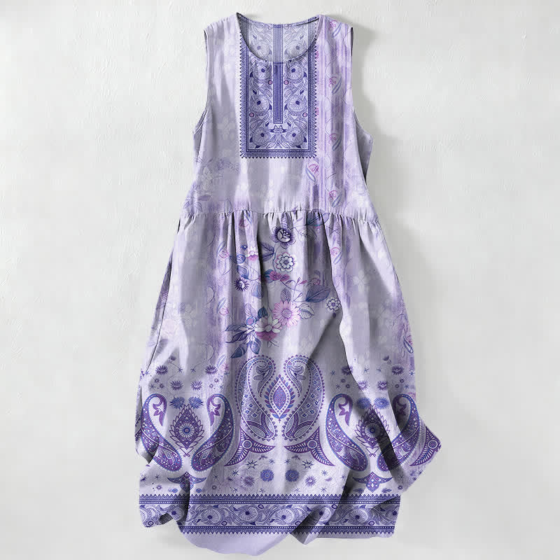 Buddha Stones Summer Casual Vintage Floral Medallions Leaves Pattern Women's Summer Sleeveless Midi Dress With Pockets - SlateBlue - US16,UK/AU20,EU48 (3XL) - image 5