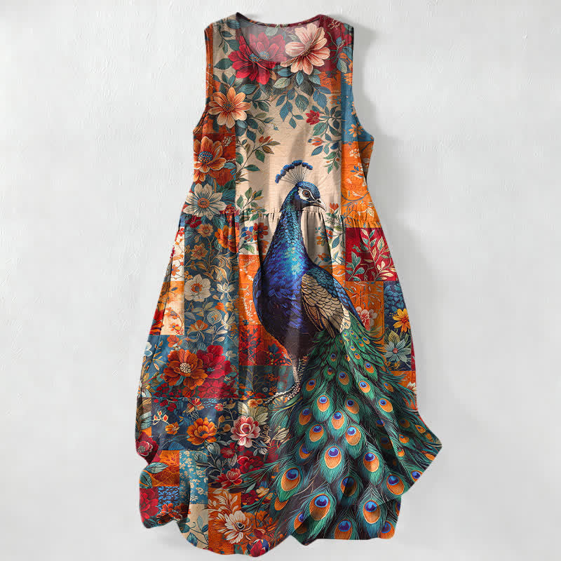 Buddha Stones Summer Casual Peacock Floral Patchwork Pattern Women's Summer Sleeveless Midi Dress With Pockets - Coral - US16,UK/AU20,EU48 (3XL) - image 0