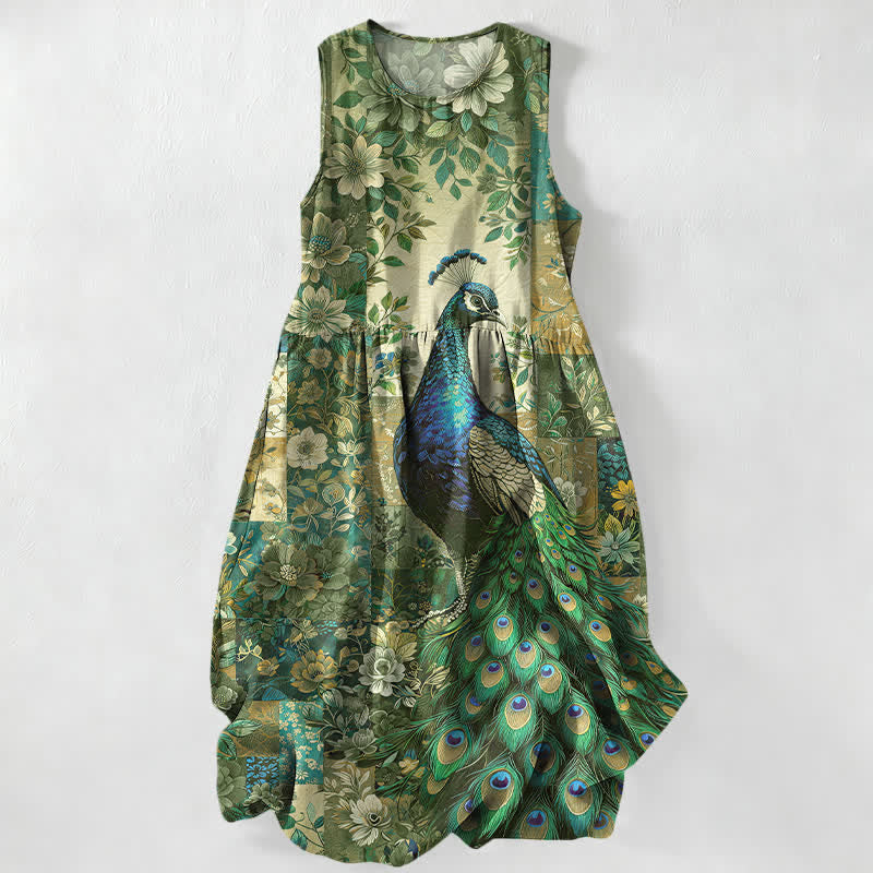 Buddha Stones Summer Casual Peacock Floral Patchwork Pattern Women's Summer Sleeveless Midi Dress With Pockets - OliveDrab - US16,UK/AU20,EU48 (3XL) - image 4