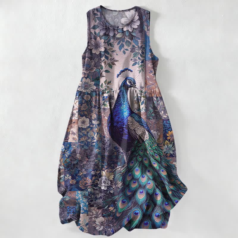 Buddha Stones Summer Casual Peacock Floral Patchwork Pattern Women's Summer Sleeveless Midi Dress With Pockets - MediumPurple - US16,UK/AU20,EU48 (3XL) - image 5