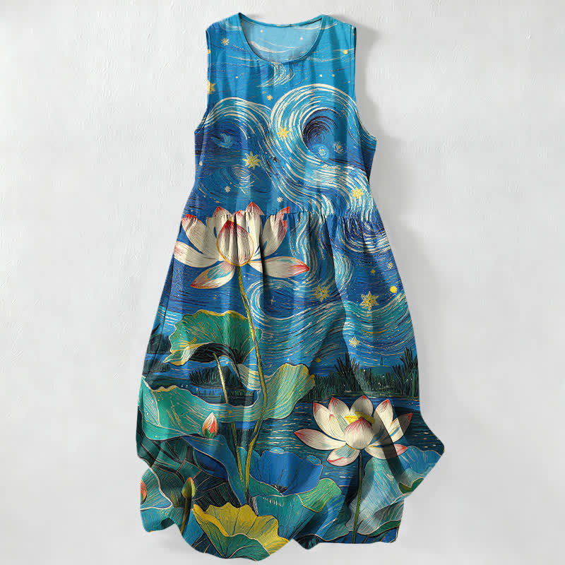 Buddha Stones Summer Casual Lotus Swirl Pattern Women's Summer Sleeveless Midi Dress With Pockets - RoyalBlue - US16,UK/AU20,EU48 (3XL) - image 0