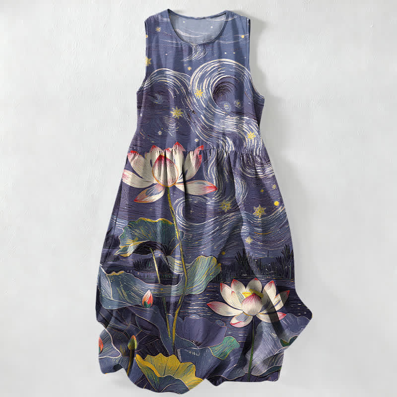 Buddha Stones Summer Casual Lotus Swirl Pattern Women's Summer Sleeveless Midi Dress With Pockets - Indigo - US16,UK/AU20,EU48 (3XL) - image 4