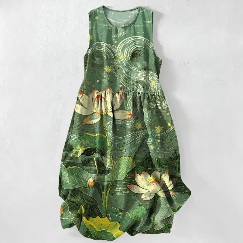 Buddha Stones Summer Casual Lotus Swirl Pattern Women's Summer Sleeveless Midi Dress With Pockets - SeaGreen - US16,UK/AU20,EU48 (3XL) - image 5