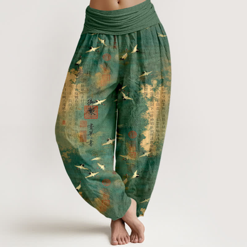 Buddha Stones Cotton Golden Crane Calligraphy Pattern Women's Elastic Waist Harem Pants - SeaGreen - US16,UK/AU20,EU48 (3XL) - image 0