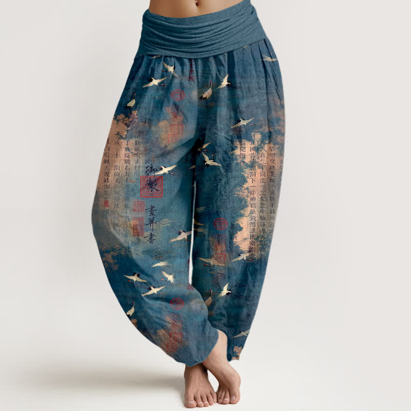 Buddha Stones Cotton Golden Crane Calligraphy Pattern Women's Elastic Waist Harem Pants - SteelBlue - US16,UK/AU20,EU48 (3XL) - image 5