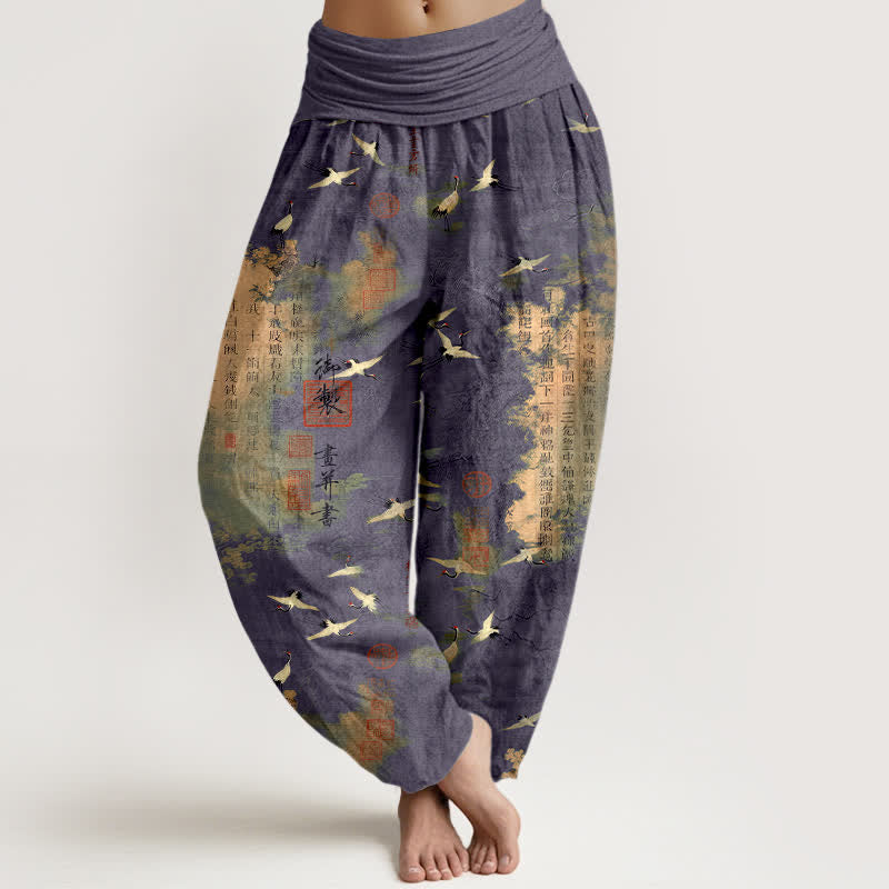 Buddha Stones Cotton Golden Crane Calligraphy Pattern Women's Elastic Waist Harem Pants - SlateBlue - US16,UK/AU20,EU48 (3XL) - image 8