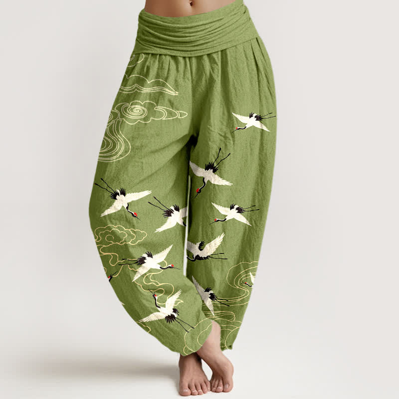 Buddha Stones Cotton Flying Crane Pattern Women's Elastic Waist Harem Pants - OliveDrab - US16,UK/AU20,EU48 (3XL) - image 5